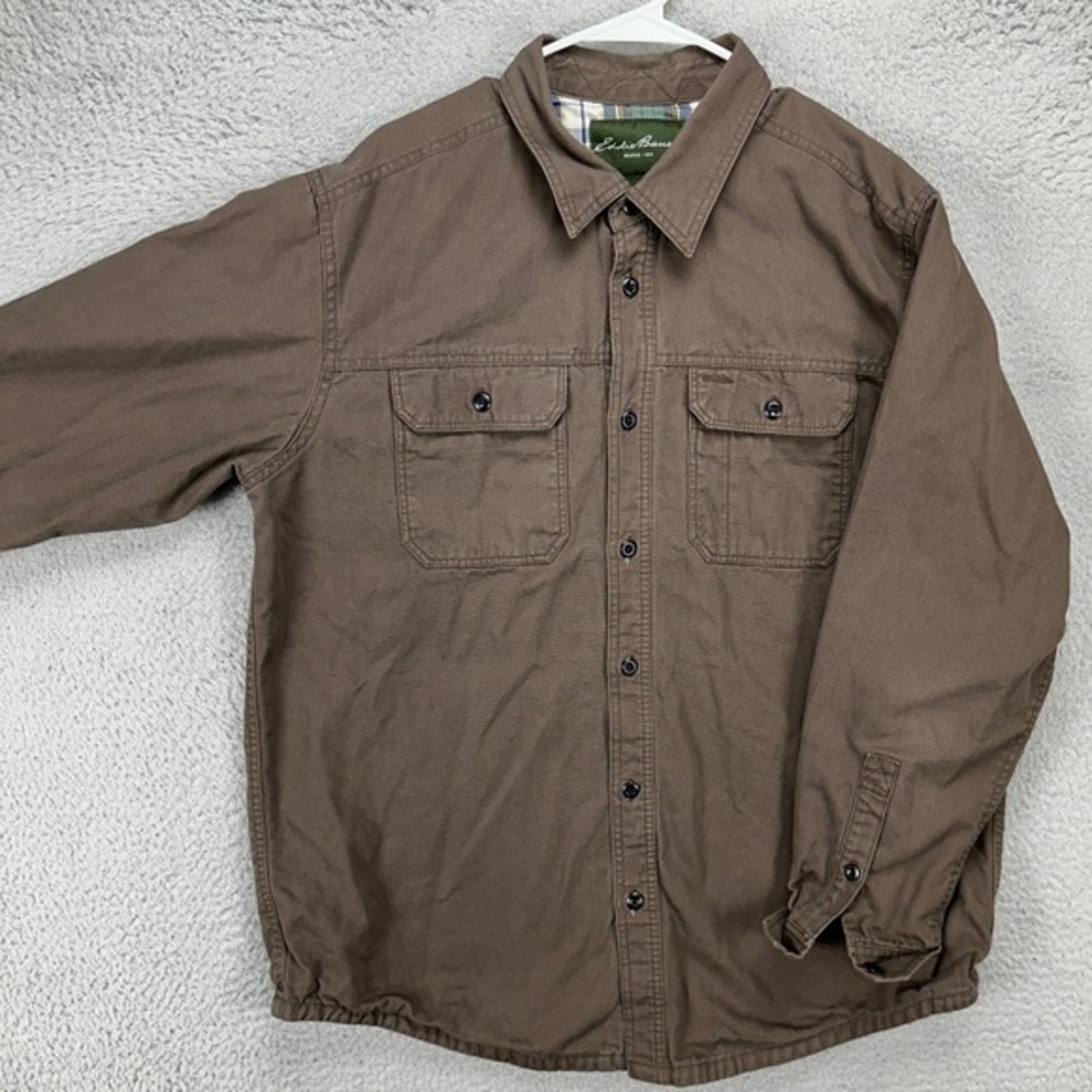 Eddie Bauer Jacket Button Up Mens Large Brown Flannel Lined Long Sleeve Pockets